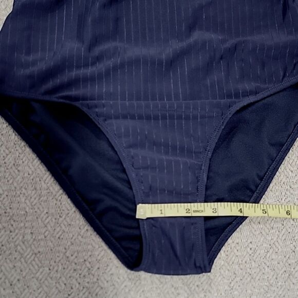Nine West Solid Navy Blue Ribbed Tie Back One Piece Swimsuit- Size Medium - Picture 12 of 15